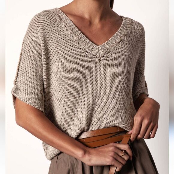 Dreamers By Debut Short Sleeved Oversized Taupe Tan Sweater, M/L - Picture 2 of 7